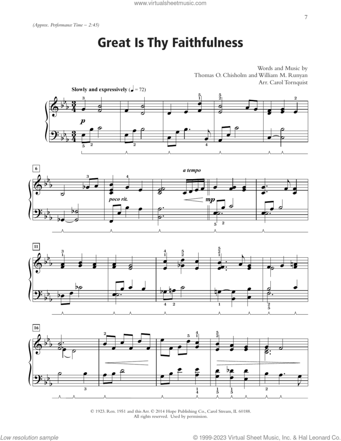 Great Is Thy Faithfulness (arr. Carol Tornquist) sheet music for piano solo by Thomas O. Chisholm, Carol Tornquist and William M. Runyan, wedding score, intermediate skill level