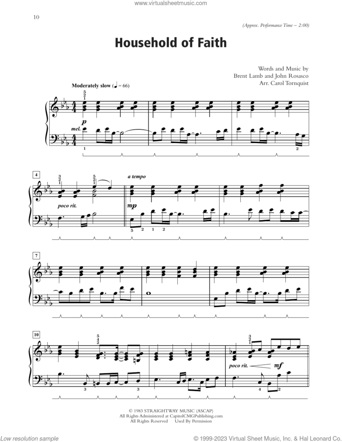 Household Of Faith (arr. Carol Tornquist) sheet music for piano solo by Steve Green, Carol Tornquist, Brent Lamb and John Rosasco, wedding score, intermediate skill level