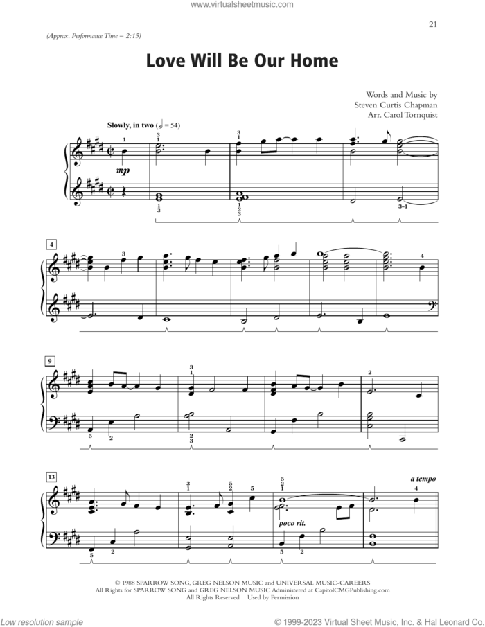 Love Will Be Our Home (arr. Carol Tornquist) sheet music for piano solo by Sandi Patty, Carol Tornquist and Steven Curtis Chapman, wedding score, intermediate skill level