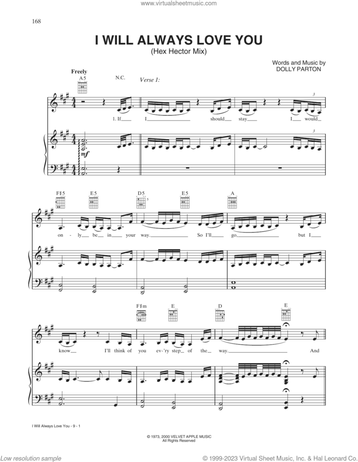 I Will Always Love You (Hex Hector Mix) sheet music for voice, piano or guitar by Whitney Houston and Dolly Parton, intermediate skill level