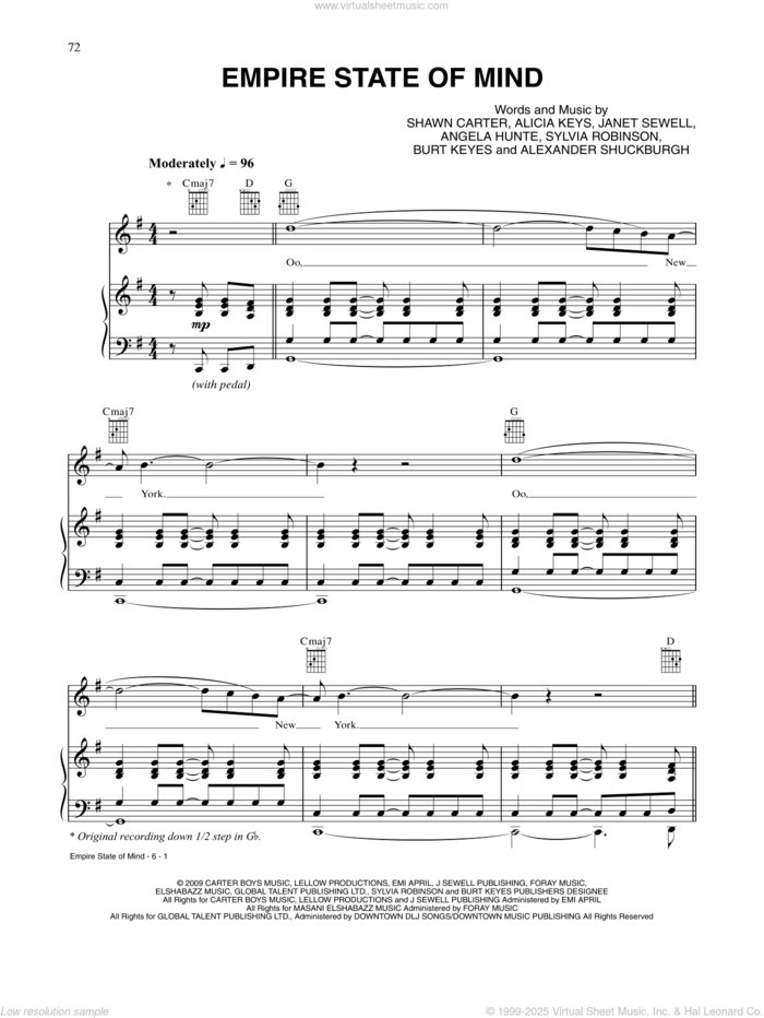 Empire State Of Mind sheet music for voice, piano or guitar by Jay-Z featuring Alicia Keys, Al Shuckburgh, Alicia Keys, Angela Hunte, Bert Keyes, Shawn Carter and Sylvia Robinson, intermediate skill level