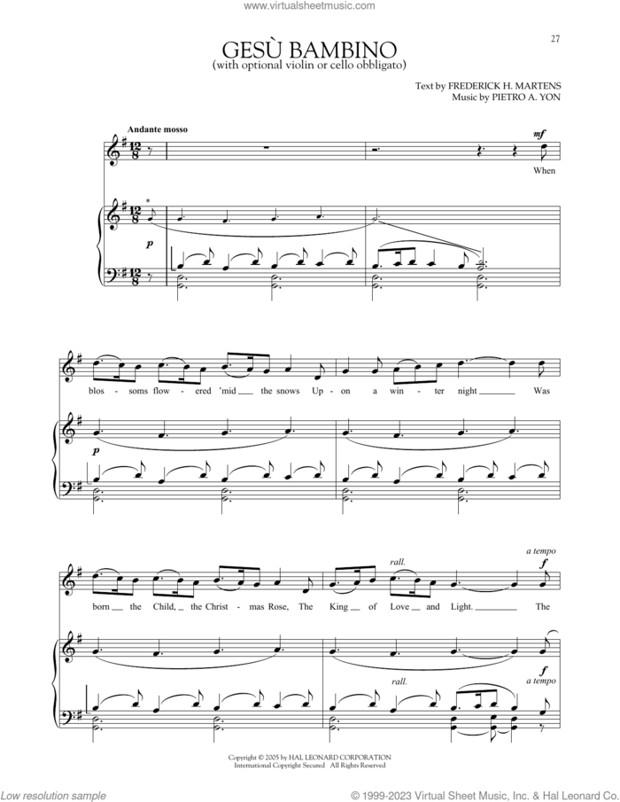 Gesu Bambino (The Infant Jesus) sheet music for voice and piano by Pietro Yon, Richard Walters and Frederick H. Martens, intermediate skill level