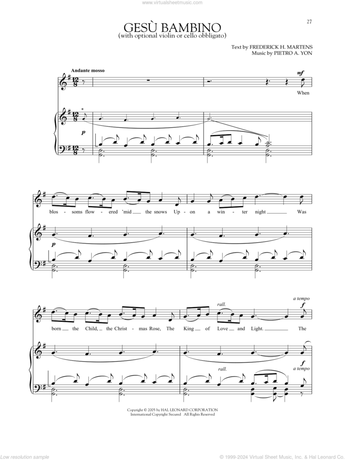 Gesu Bambino (The Infant Jesus) sheet music for voice and piano by Pietro Yon, Richard Walters and Frederick H. Martens, intermediate skill level