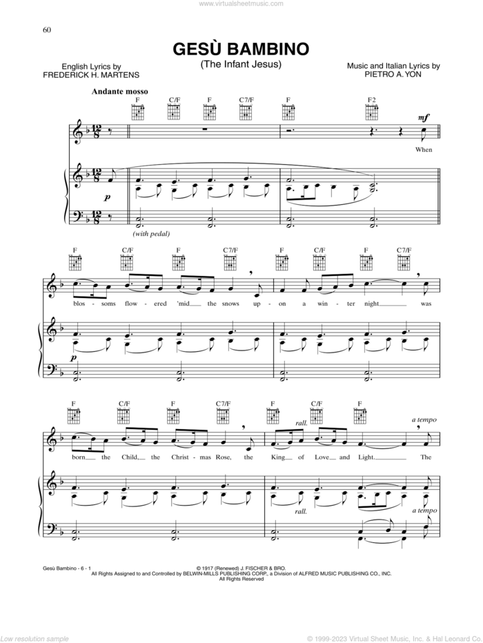 Gesu Bambino (The Infant Jesus) sheet music for voice and piano by Pietro Yon and Frederick H. Martens, intermediate skill level