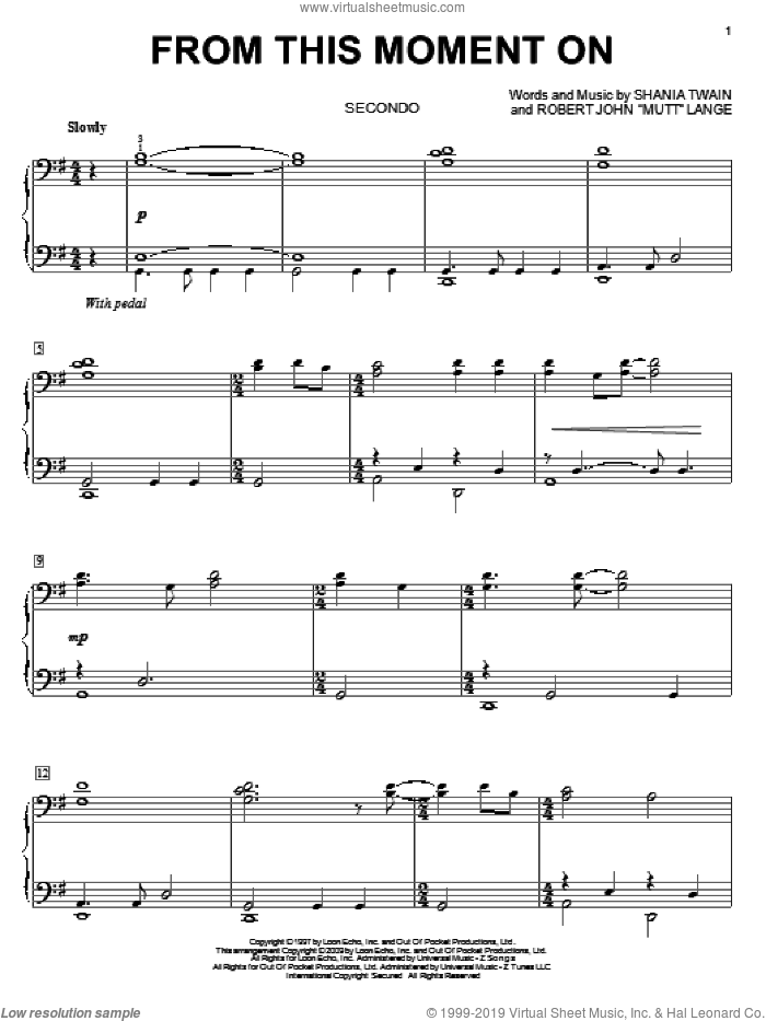 From This Moment On sheet music for piano four hands by Shania Twain and Robert John Lange, wedding score, intermediate skill level