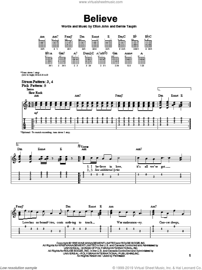 Believe sheet music for guitar solo (easy tablature) by Elton John and Bernie Taupin, easy guitar (easy tablature)