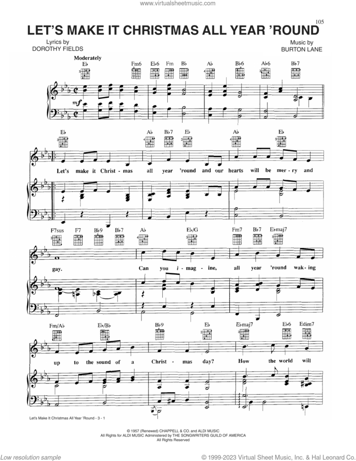 Let's Make It Christmas All Year 'Round sheet music for voice, piano or guitar by Dorothy Fields and Burton Lane, intermediate skill level
