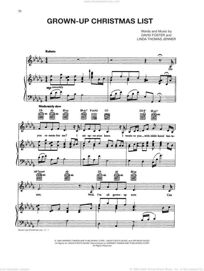 Grown-Up Christmas List sheet music for voice, piano or guitar by Amy Grant, David Foster and Linda Thompson-Jenner, intermediate skill level