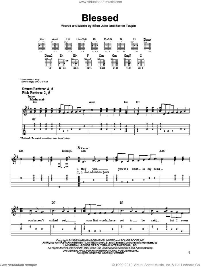 Blessed sheet music for guitar solo (easy tablature) by Elton John and Bernie Taupin, easy guitar (easy tablature)