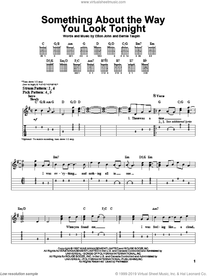Something About The Way You Look Tonight sheet music for guitar solo (easy tablature) by Elton John and Bernie Taupin, easy guitar (easy tablature)