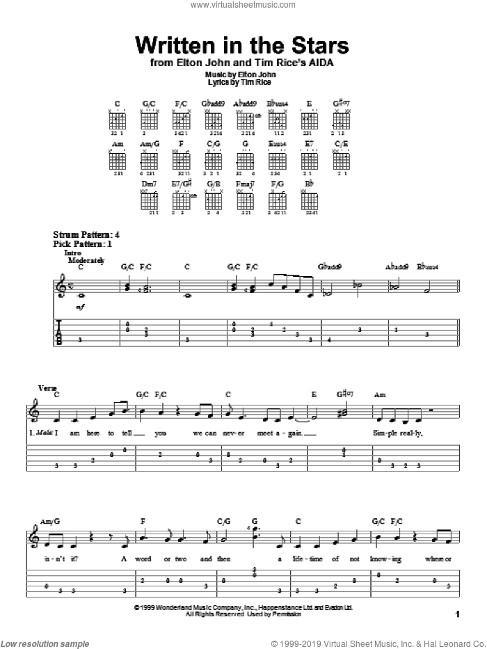 Written In The Stars (from Aida) sheet music for guitar solo (easy tablature) by Elton John and Tim Rice, easy guitar (easy tablature)