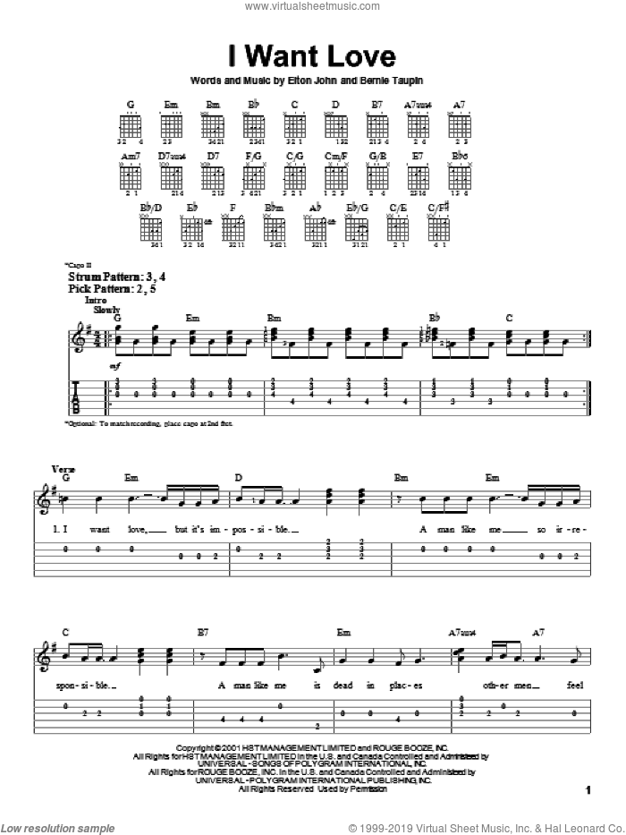 I Want Love sheet music for guitar solo (easy tablature) by Elton John and Bernie Taupin, easy guitar (easy tablature)