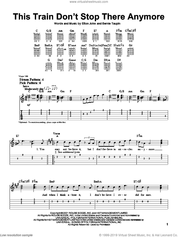 This Train Don't Stop There Anymore sheet music for guitar solo (easy tablature) by Elton John and Bernie Taupin, easy guitar (easy tablature)