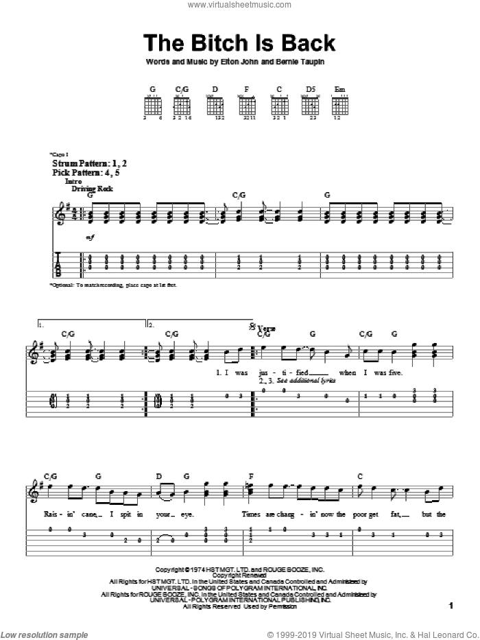 The Bitch Is Back sheet music for guitar solo (easy tablature) by Elton John and Bernie Taupin, easy guitar (easy tablature)