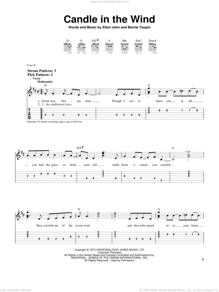 Candle In The Wind sheet music for guitar solo (easy tablature) by Elton John and Bernie Taupin, easy guitar (easy tablature)