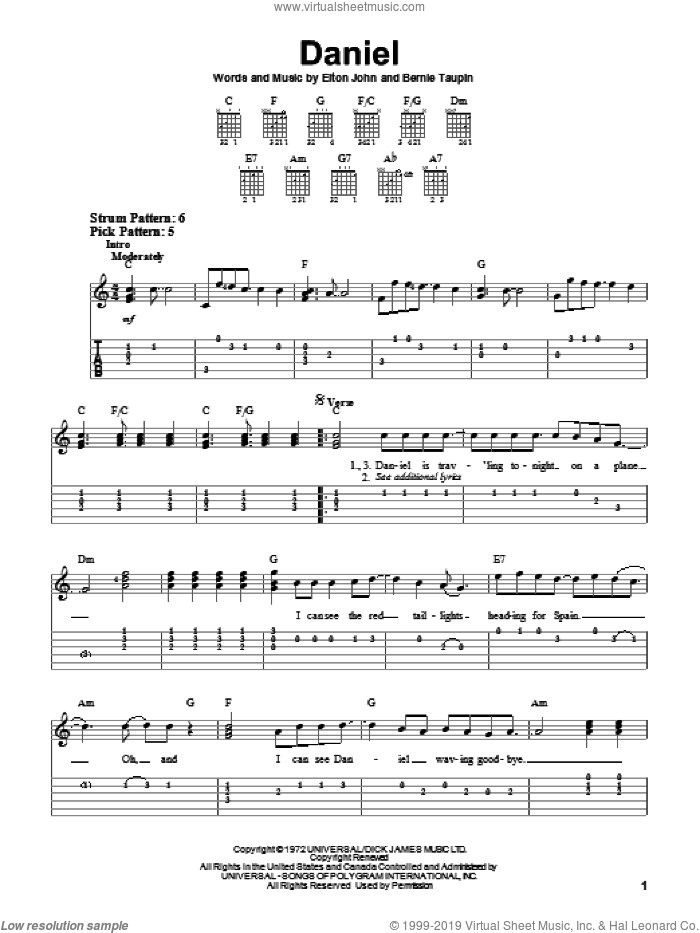 Daniel sheet music for guitar solo (easy tablature) by Elton John and Bernie Taupin, easy guitar (easy tablature)