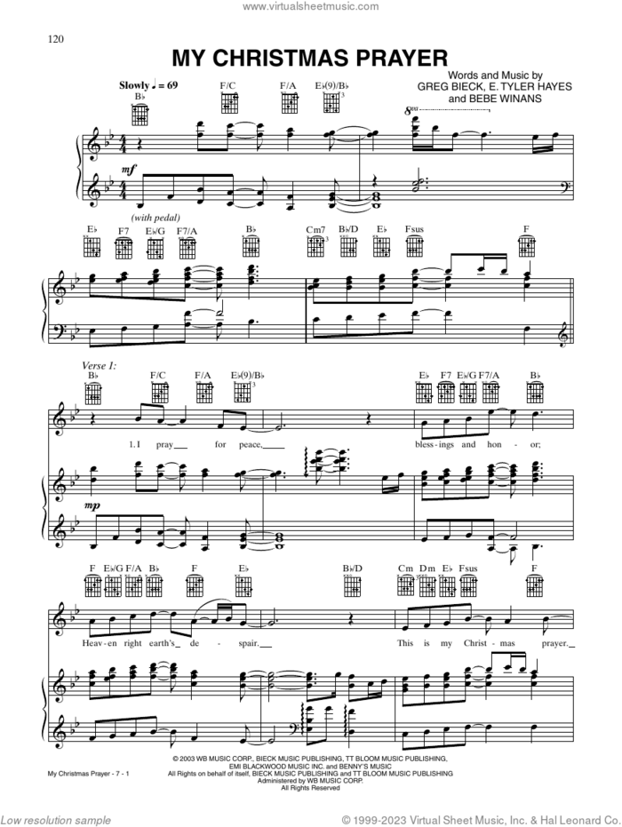 My Christmas Prayer sheet music for voice, piano or guitar by BeBe Winans, E. Tyler Hayes and Greg Bieck, intermediate skill level