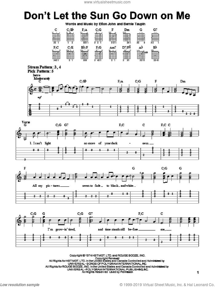 Don't Let The Sun Go Down On Me sheet music for guitar solo (easy tablature) by Elton John and Bernie Taupin, easy guitar (easy tablature)