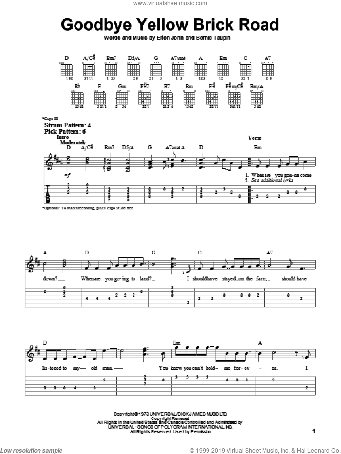 Goodbye Yellow Brick Road sheet music for guitar solo (easy tablature) by Elton John and Bernie Taupin, easy guitar (easy tablature)