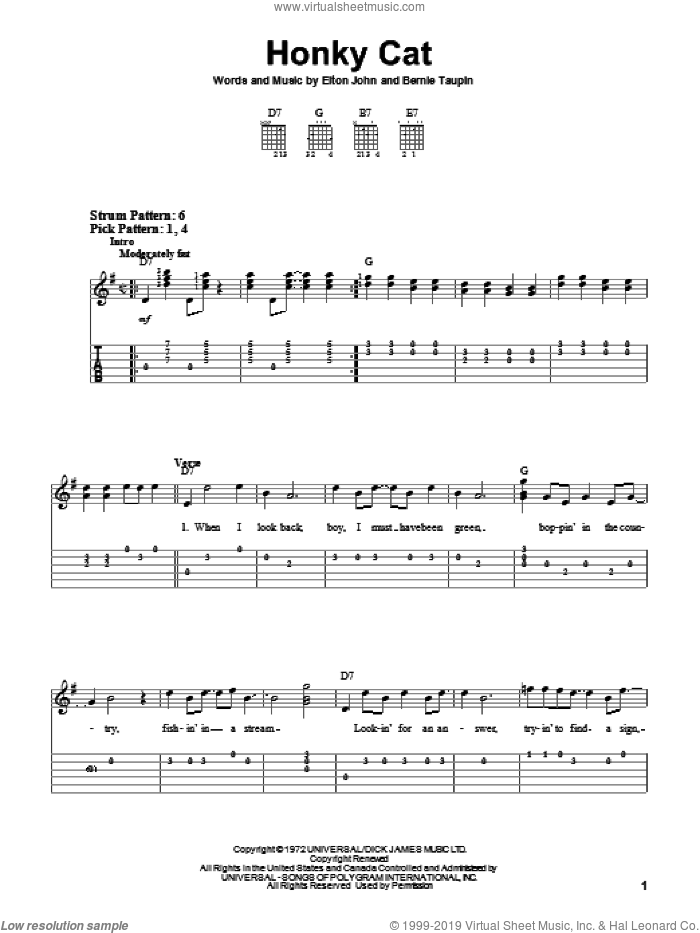 Honky Cat sheet music for guitar solo (easy tablature) by Elton John and Bernie Taupin, easy guitar (easy tablature)