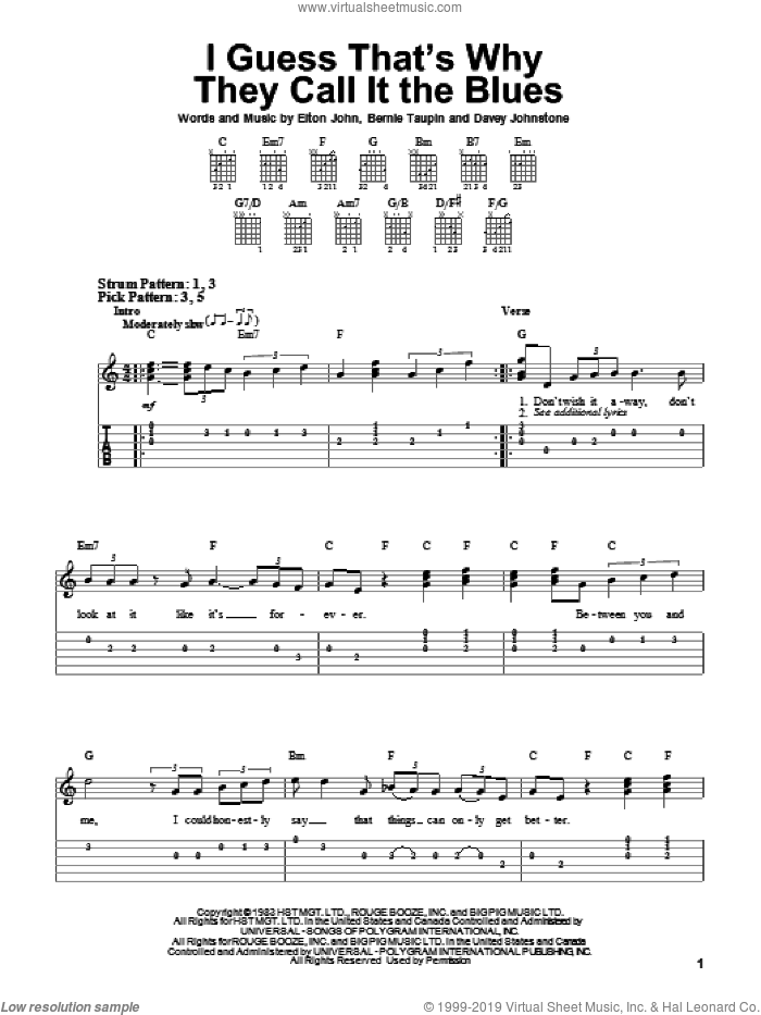 I Guess That's Why They Call It The Blues sheet music for guitar solo (easy tablature) by Elton John, Bernie Taupin and Davey Johnstone, easy guitar (easy tablature)