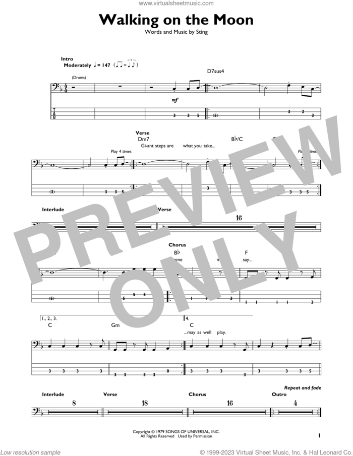 Walking On The Moon sheet music for bass solo by The Police and Sting, intermediate skill level