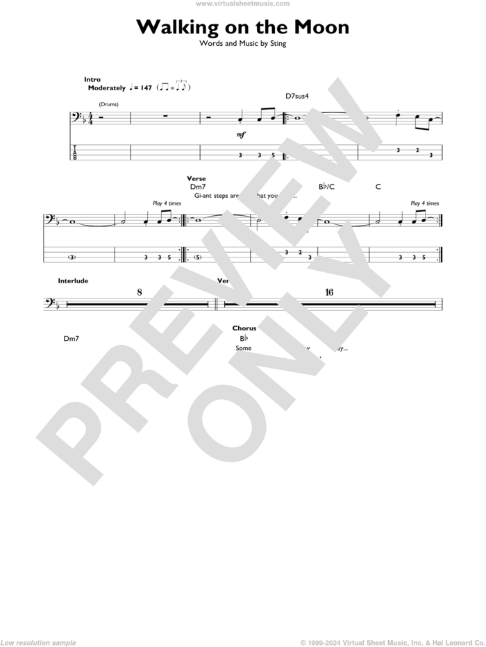 Walking On The Moon sheet music for bass solo by The Police and Sting, intermediate skill level