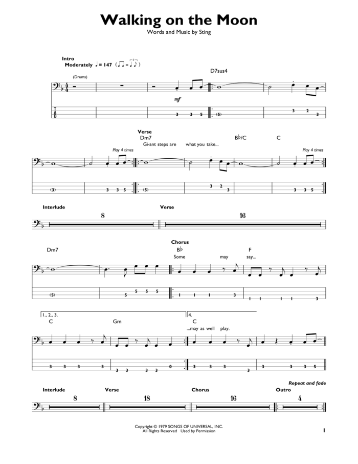 Walking On The Moon sheet music for bass solo by The Police and Sting, intermediate skill level