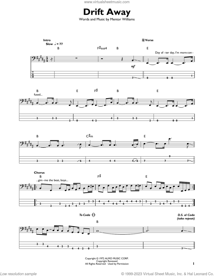 Drift Away sheet music for bass solo by Dobie Gray, Uncle Kracker featuring Dobie Gray and Mentor Williams, intermediate skill level