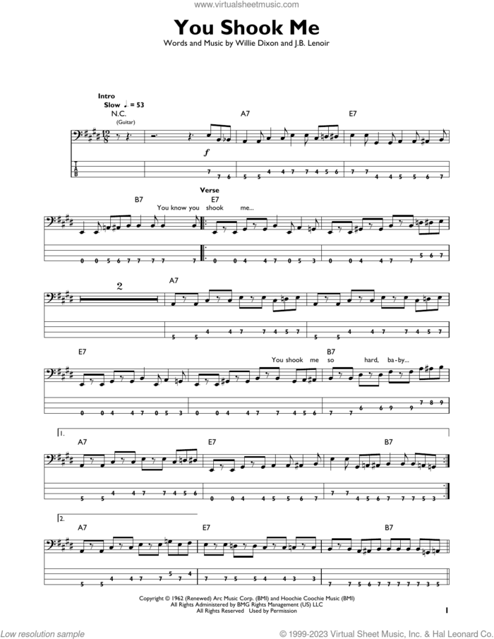 You Shook Me sheet music for bass solo by Led Zeppelin, Muddy Waters, J.B. Lenoir and Willie Dixon, intermediate skill level