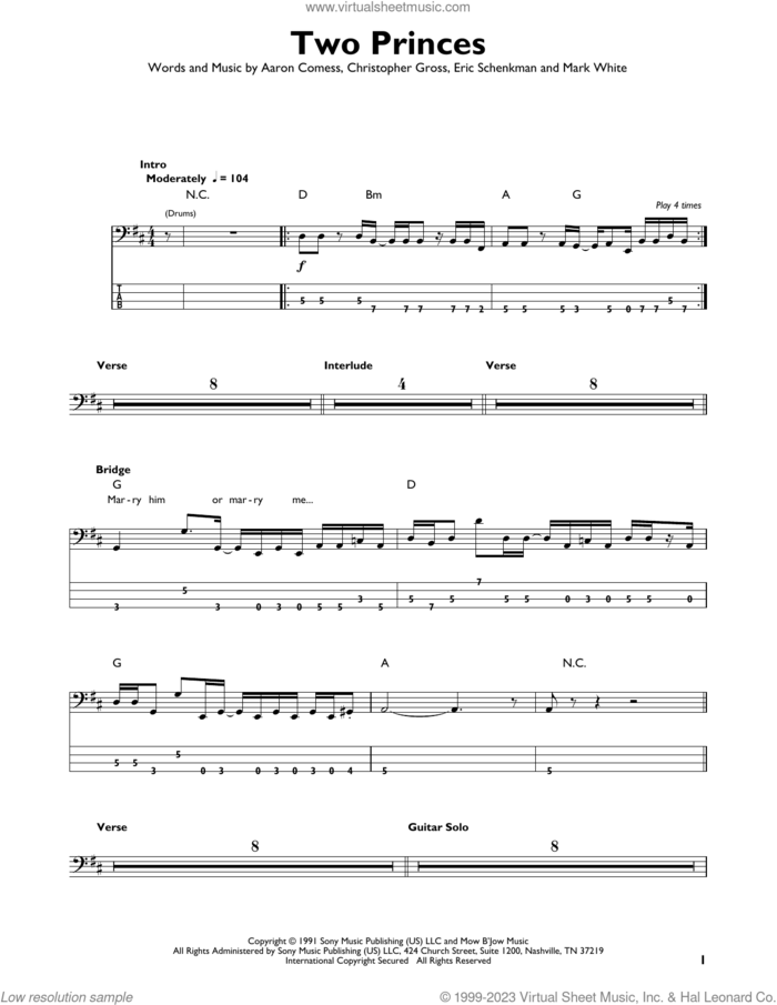 Two Princes sheet music for bass solo by Spin Doctors, Aaron Comess, Christopher Gross, Eric Schenkman and Mark White, intermediate skill level