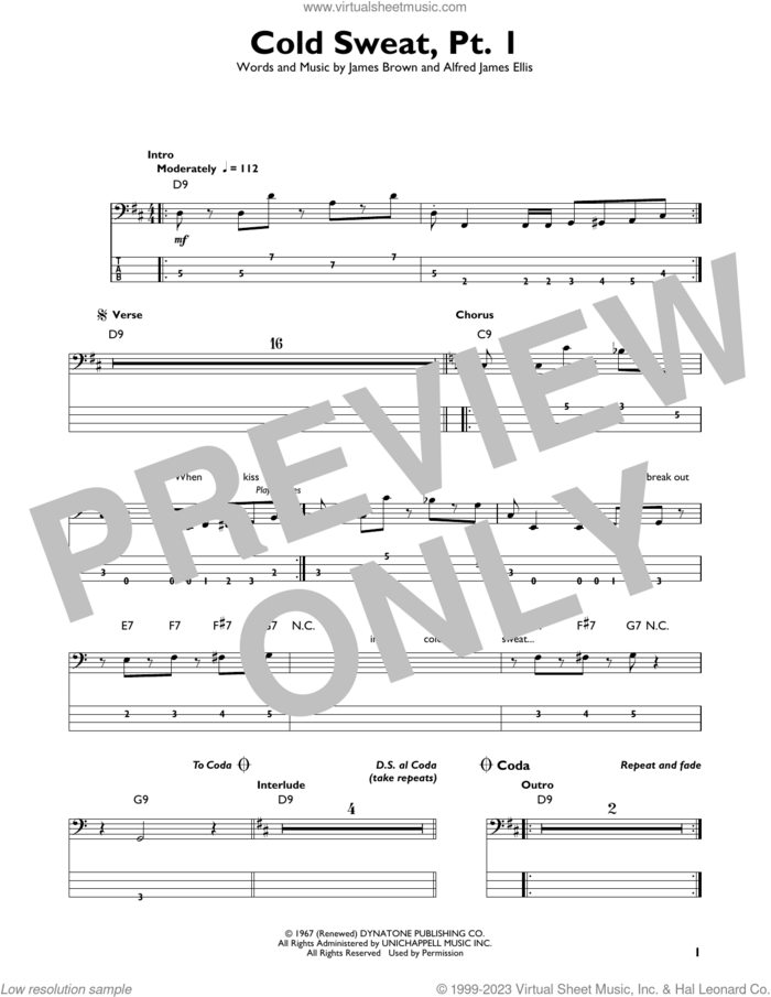Cold Sweat, Pt. 1 sheet music for bass solo by James Brown, Miscellaneous and Alfred James Ellis, intermediate skill level
