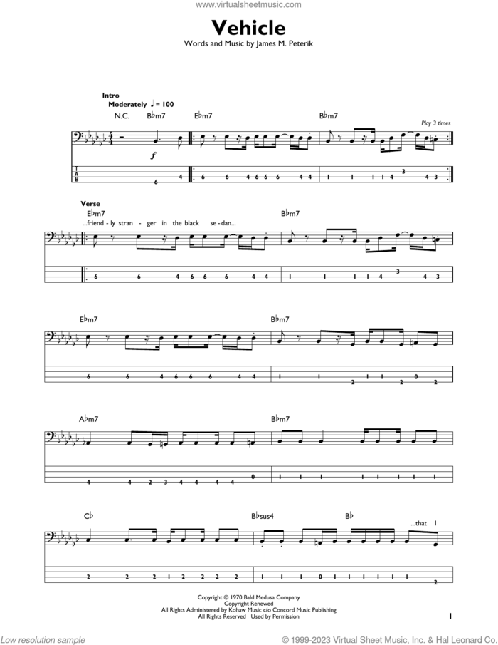Vehicle sheet music for bass solo by The Ides Of March and Jim Peterik, intermediate skill level