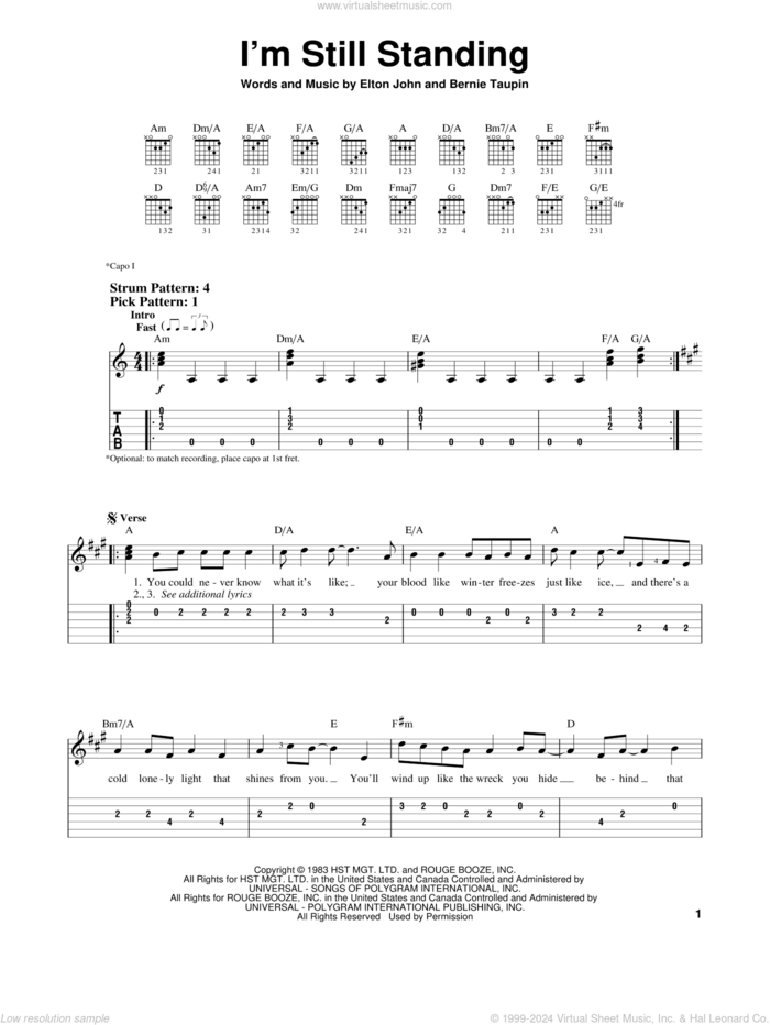 I'm Still Standing sheet music for guitar solo (easy tablature) by Elton John and Bernie Taupin, easy guitar (easy tablature)