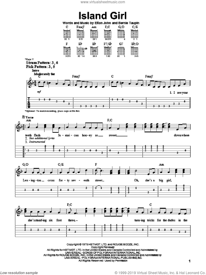 Island Girl sheet music for guitar solo (easy tablature) by Elton John and Bernie Taupin, easy guitar (easy tablature)