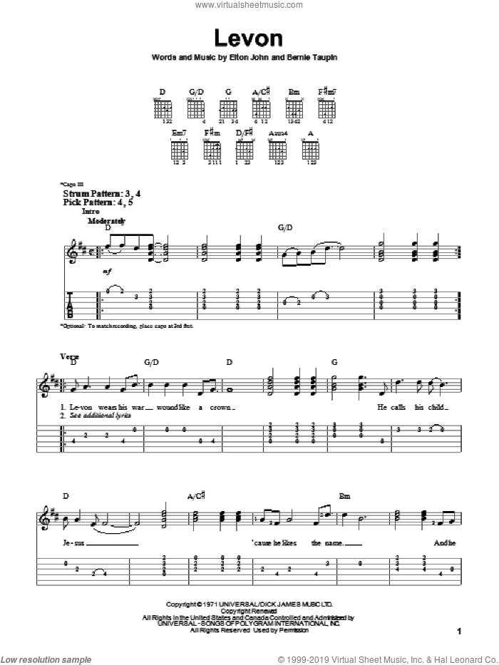 Levon sheet music for guitar solo (easy tablature) by Elton John and Bernie Taupin, easy guitar (easy tablature)