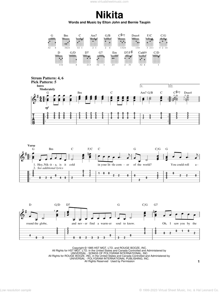 Nikita sheet music for guitar solo (easy tablature) by Elton John and Bernie Taupin, easy guitar (easy tablature)