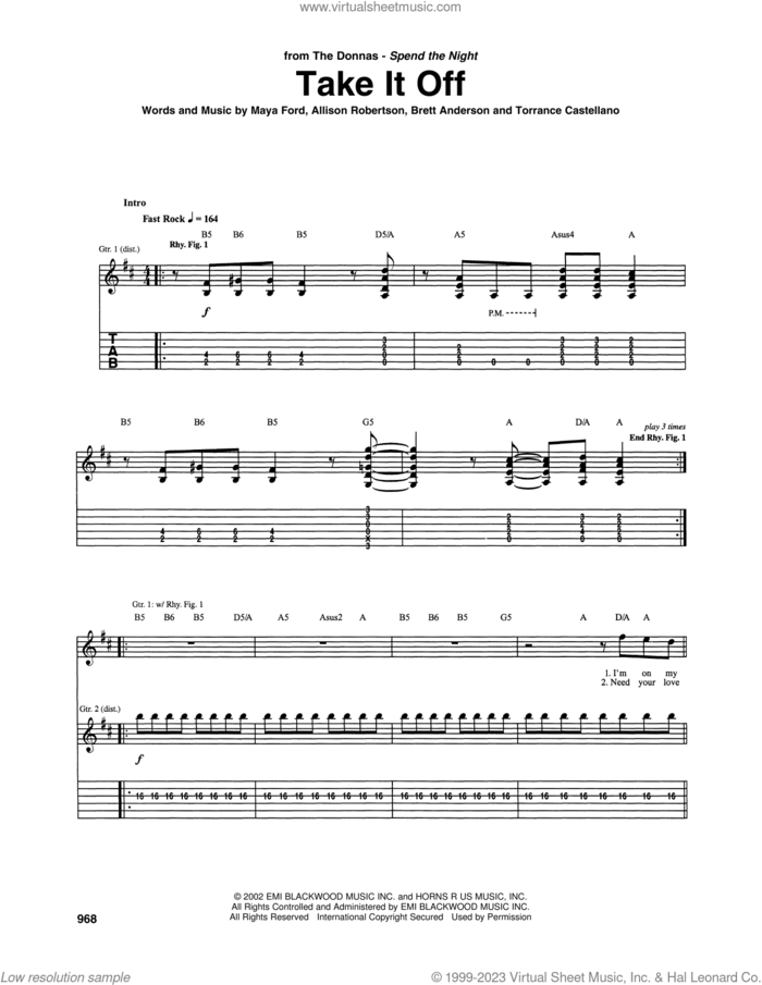 Take It Off sheet music for guitar (tablature) by The Donnas, Allison Robertson, Brett Anderson, Maya Ford and Torrance Castellano, intermediate skill level