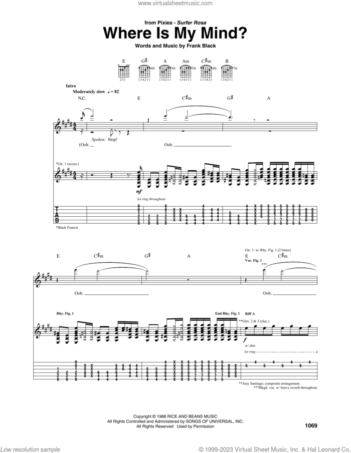 Where Is My Mind? sheet music for guitar (tablature) by Pixies and Francis Black, intermediate skill level