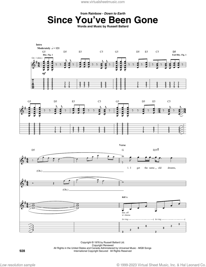Since You've Been Gone sheet music for guitar (tablature) by Rainbow and Russ Ballard, intermediate skill level
