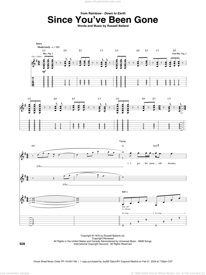 Since You've Been Gone sheet music for guitar (tablature) by Rainbow and Russ Ballard, intermediate skill level