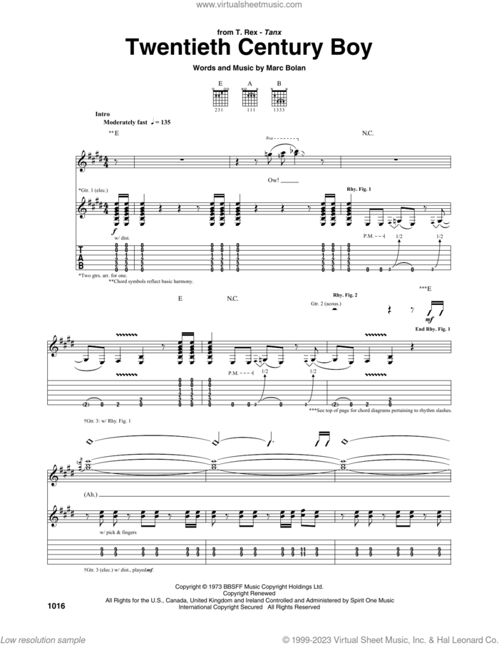 Twentieth Century Boy sheet music for guitar (tablature) by T Rex and Marc Bolan, intermediate skill level