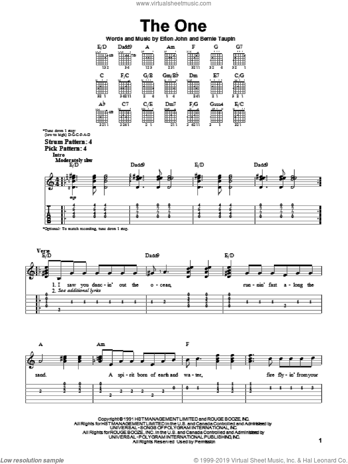 The One sheet music for guitar solo (easy tablature) by Elton John and Bernie Taupin, easy guitar (easy tablature)