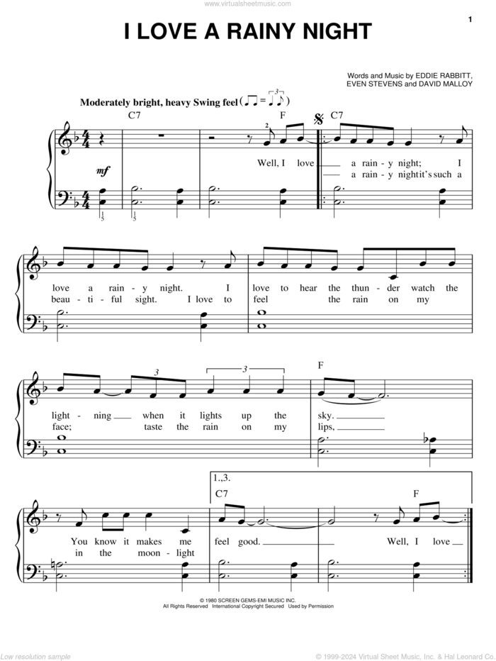 I Love A Rainy Night, (easy) sheet music for piano solo by Eddie Rabbitt, David Malloy and Even Stevens, easy skill level