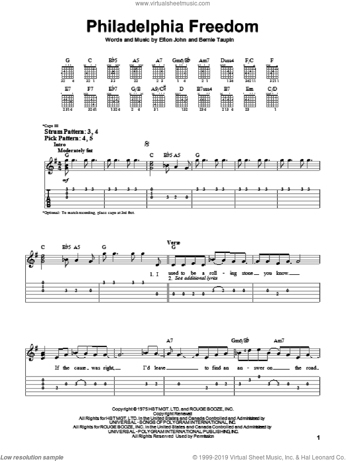 Philadelphia Freedom sheet music for guitar solo (easy tablature) by Elton John and Bernie Taupin, easy guitar (easy tablature)