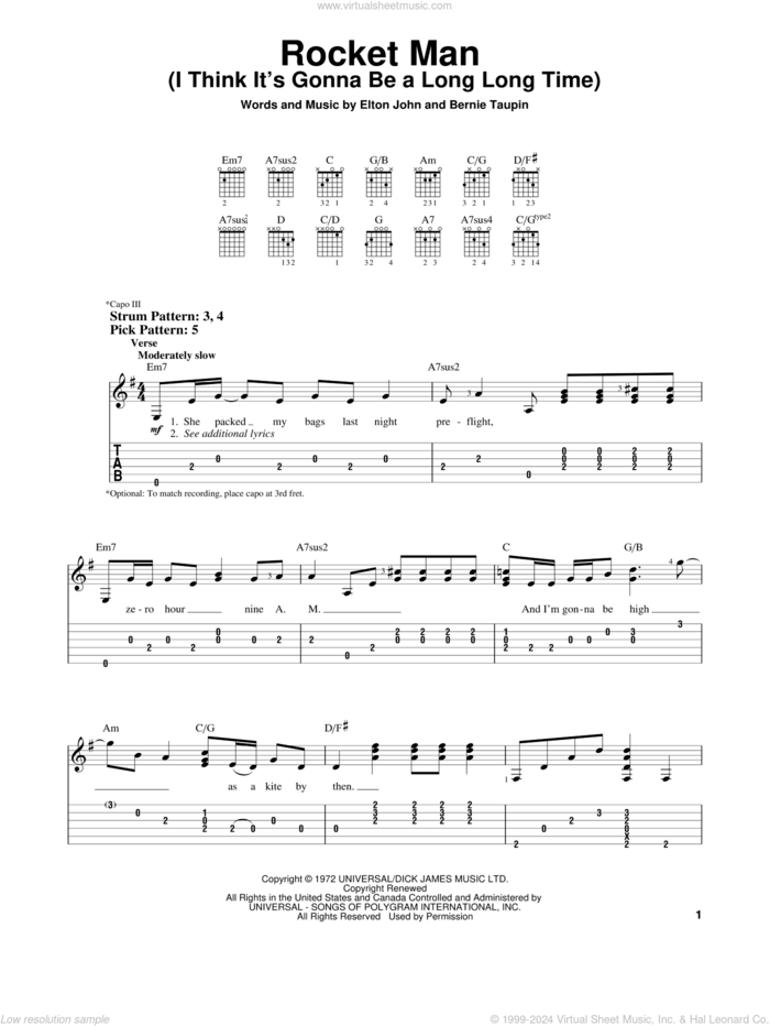 Rocket Man (I Think It's Gonna Be A Long Long Time) sheet music for guitar solo (easy tablature) by Elton John and Bernie Taupin, easy guitar (easy tablature)