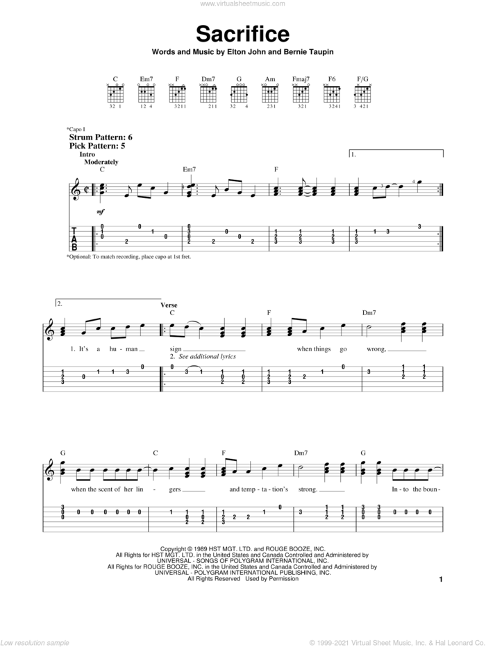 Sacrifice sheet music for guitar solo (easy tablature) by Elton John and Bernie Taupin, easy guitar (easy tablature)