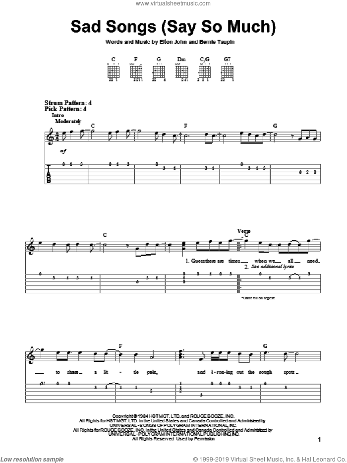 Sad Songs (Say So Much) sheet music for guitar solo (easy tablature) by Elton John and Bernie Taupin, easy guitar (easy tablature)
