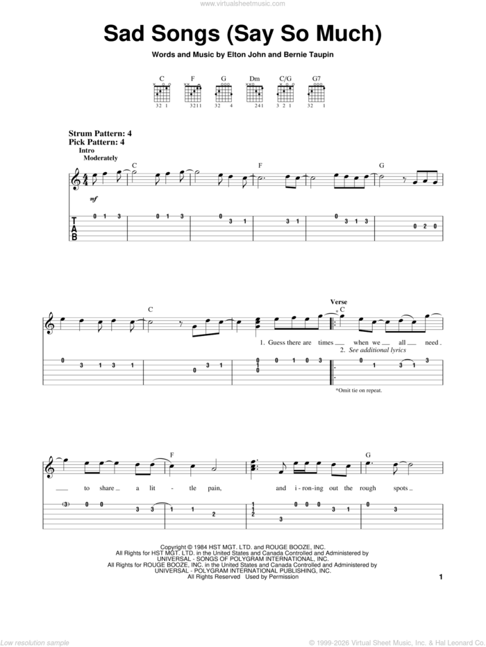 Sad Songs (Say So Much) sheet music for guitar solo (easy tablature) by Elton John and Bernie Taupin, easy guitar (easy tablature)