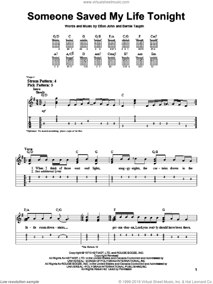 Someone Saved My Life Tonight sheet music for guitar solo (easy tablature) by Elton John and Bernie Taupin, easy guitar (easy tablature)